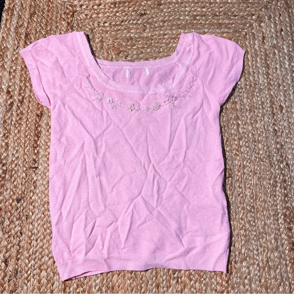 Bubblegum Pink Floral Embroidered Short Sleeve Top Sz XS